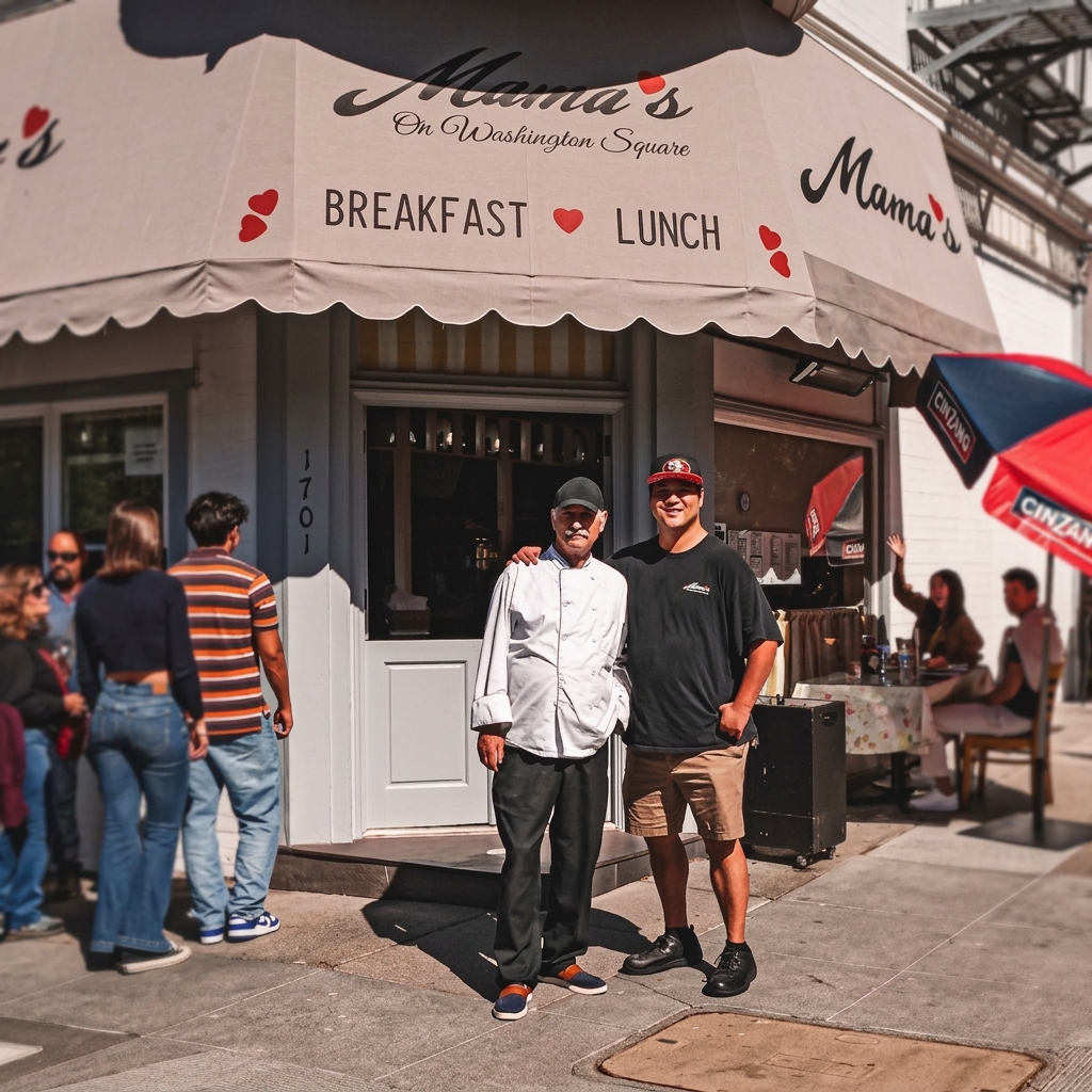Mama's on Washington Square storefront with two team members outside.